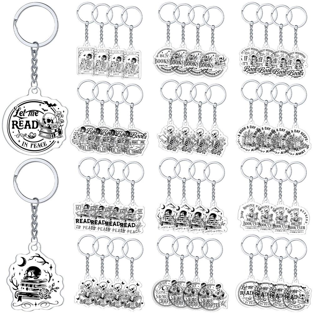 7852 48 Pcs Bookish Keychain Gothic Book Lovers Gifts Skull Keychains Books